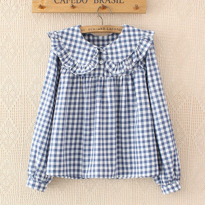 Frauen Plaid Shirt Langarm Frühling Sommer Tops Damen Japanische Mori Mädchen Peter Pan Kragen Nette Baby Puppe Baumwolle Blusen T200321