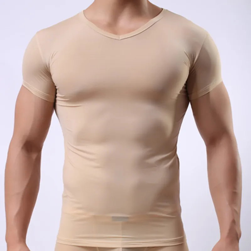 Skinny Undershirt / Man Ice Silk Sheer Sheer Short Shirts Basic / Gay Mesh Breathable V-Neck Voir à travers les sous-vêtements 201009
