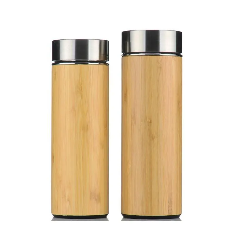 Botella de agua de acero inoxidable de bambú 360ML 420ML Botella de viaje de café con aislamiento al vacío con colador de infusor de té