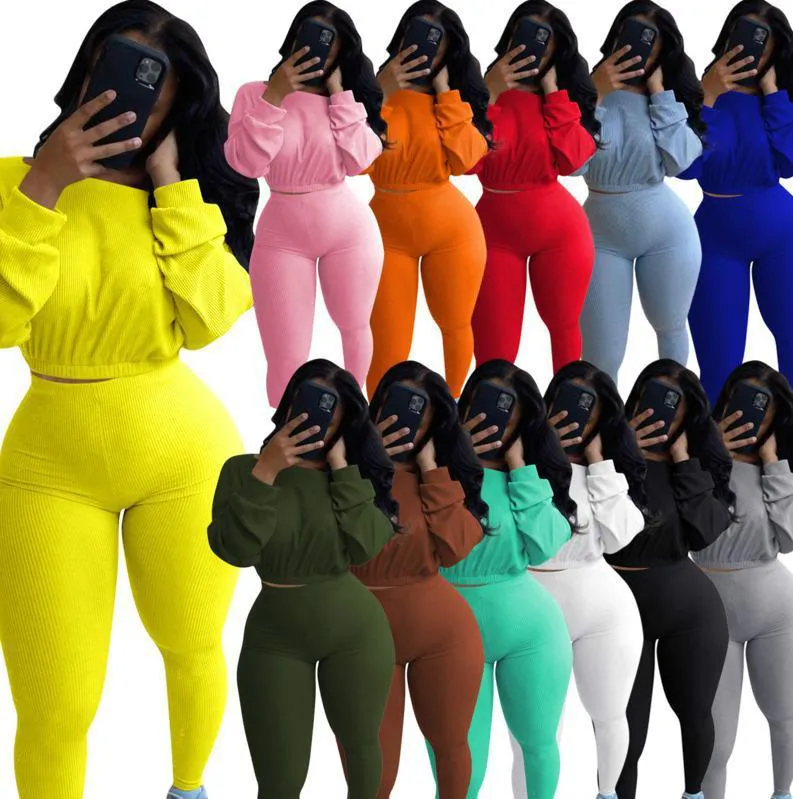 Donne Due Pezzi Abiti Solidi Color Color Manica Pantaloni Top Pieghe Top Pleatted Ladies Nuovi pantaloni di moda Set sportswear Tinesuits FY7300