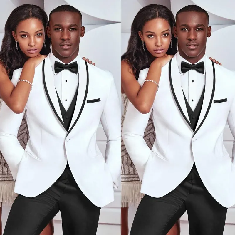 Красивый белого Groom Wedding Tuxedos высокого качество пригонка Mens одевает черный платок отворот одна кнопка Прома Blazer Jacket (куртка + брюки)