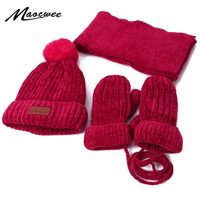 Inverno de inverno pompo chapé as luvas de cachecol de lenço de malha de malha quente grossa chenille chenille e luto de cachecol para meninos e meninas Y201024