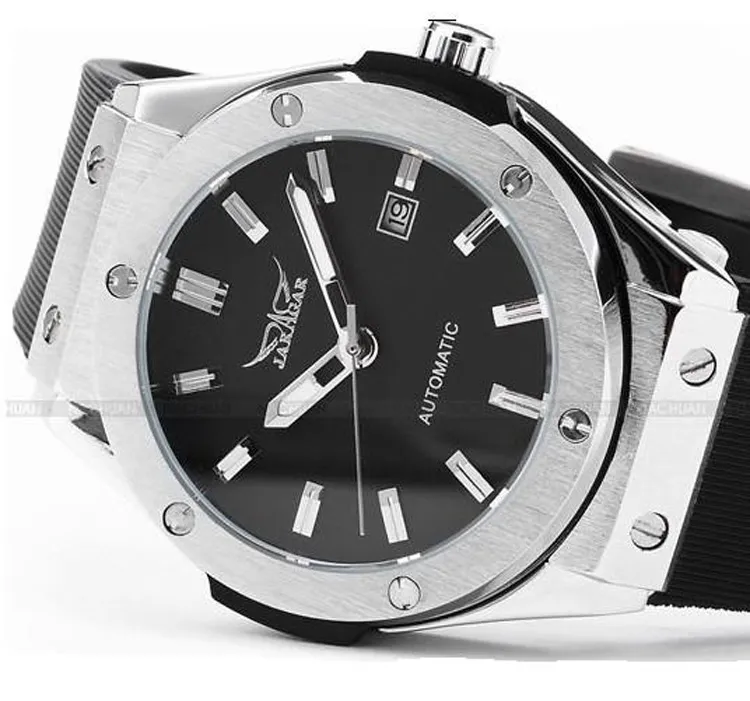 JARAGAR Brands Silver Stainless Steel Case Analog Automatic Mechanical Silicon Sports herenhorloges met datum