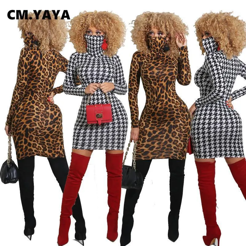 Casual Dresses Cm.Yaya Houndstooth Leopard Midi Turtleneck Bodycon Dress for Women Sexy Club Party Night Pencil Vestido Fall Winter