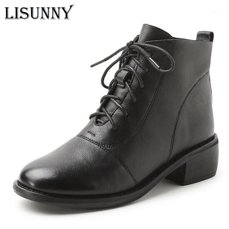 Lisunny New Shoes Women European Style Ankle Boots Flats Round Toe Black Elastic Band Boots äkta Leather Woman Shoes1