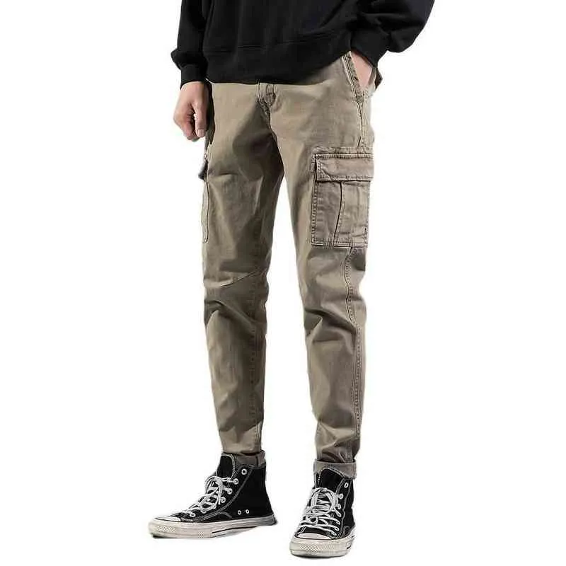 LUKER CMSS Spring Autumn Men's Cargo Pants Casual Multi Pockets Overall Cotton Long Trousers Khaki G3560 H1223