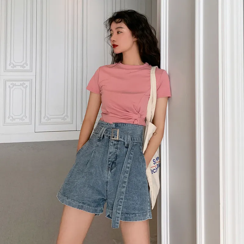 REALEFT 2020 Sommer Neue Straße Casual Denim Shorts mit Gürtel Tasche Hohe Taille Koreanischen Stil Breite Bein Jeans Chic Hosen weibliche T200701