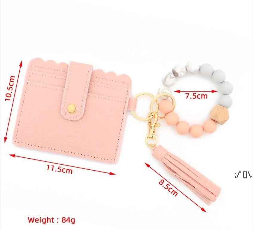 Silicone Beaded Armband Keychain Bag Party PU Läder Tassel Keychain Kortväska Trä Bead Key Ring för Kvinnor Träpärlor Hantverk RRE12572