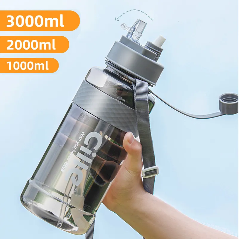 Bottiglia di acqua potabile sportiva di marca 1000ml BPA gratuita con cannuccia Bottiglia di acqua potabile in plastica da 1L 2L 3L per bottiglie di acqua spaziale 201105