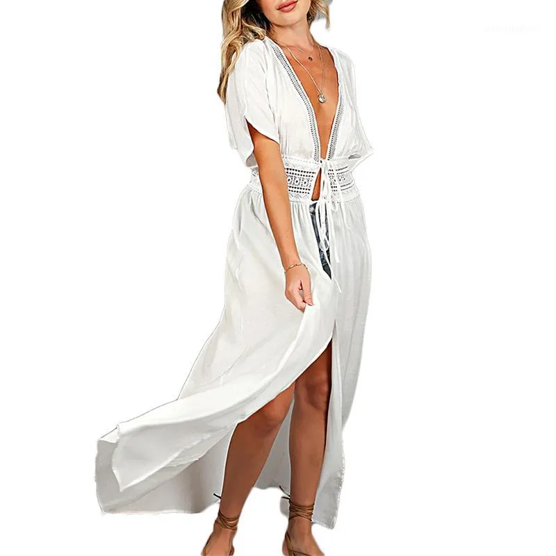 Sarongs Summer Sexy White Cardigan Dress Beach Chiffon Long Maxi Dress1