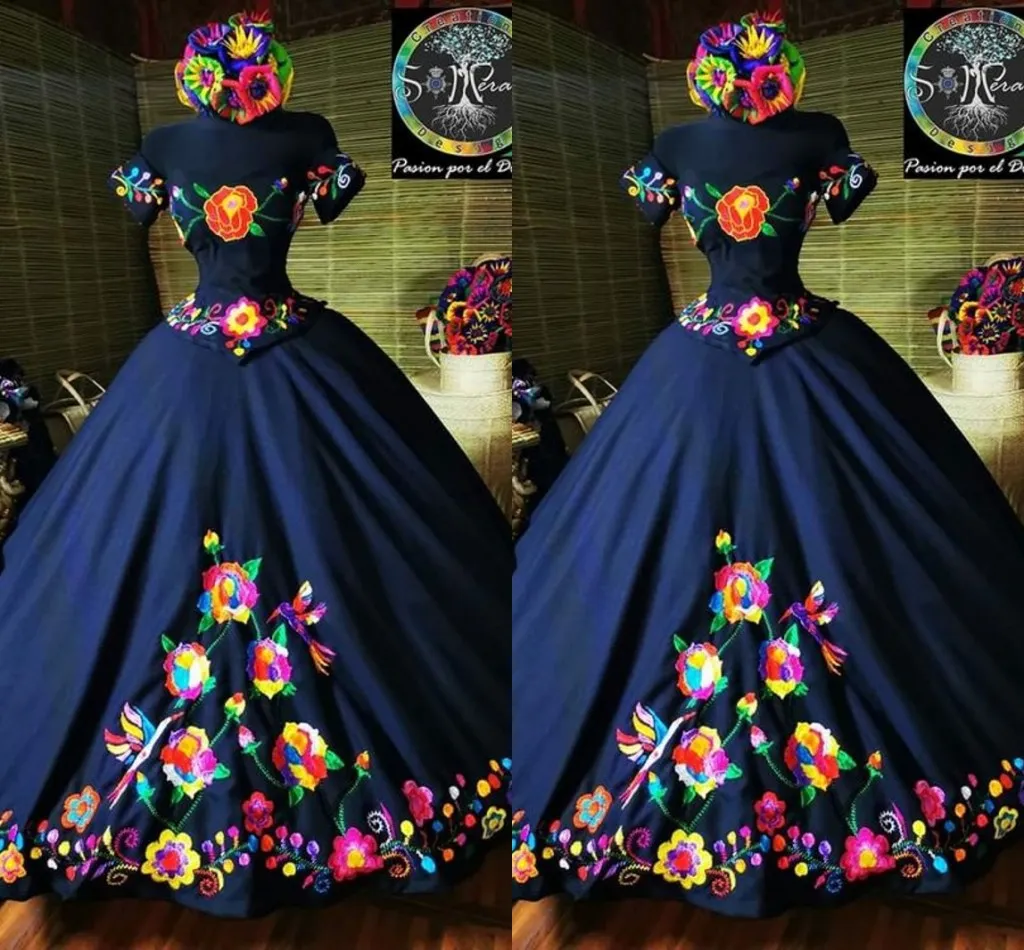 2022 Mode Charro Mexico Quinceanera Jurken Navy Blue Geborduurd Off The Shoulder Satin Corset Back Sweet 15 Girls Prom Dress Custom