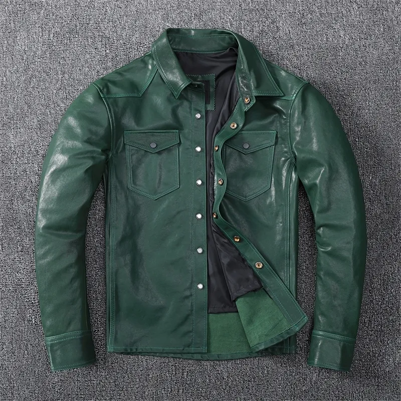 Livraison gratuite, chemise en peau de mouton bronzée verte à la mode. veste en cuir véritable mince de qualité jeune. chemise en cuir mince et souple. LJ201030