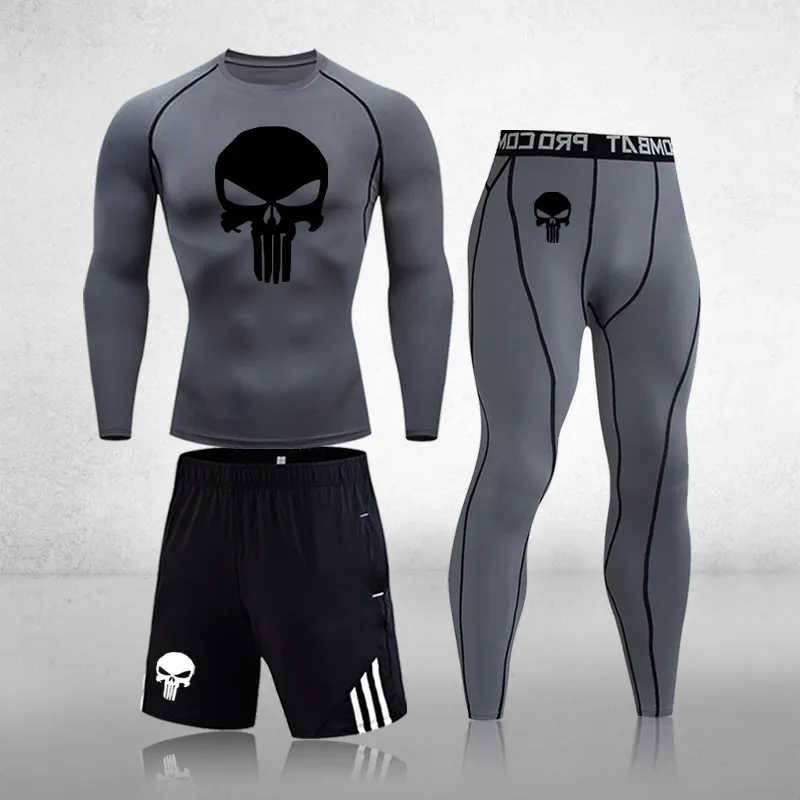 Men Compression set MMA Long Sleeve T-shirt Men's Tight Pants Fitness Bodybuilding Clothes Skull Rashguard Sport Suit 201119