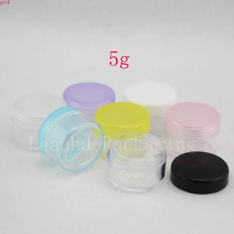 5G x 120 vazio redondo creme transparente mini garrafas plásticas frascos recipientes com tampas coloridas para embalagens cosméticas, creme jarhigh qualtity