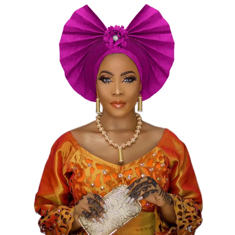 Fashion auto gele headtie African Nigerian women traditional aso oke autogele fan shape for wedding party271F