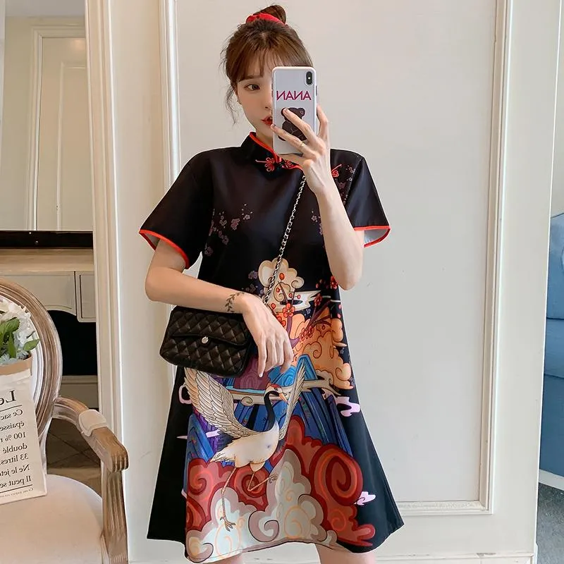 Plus Size M-4XL Fashion Modern Trend Cheongsam Dress for Women Summer Black Short Sleeve Qipao Traditional Chinese Clothing220t