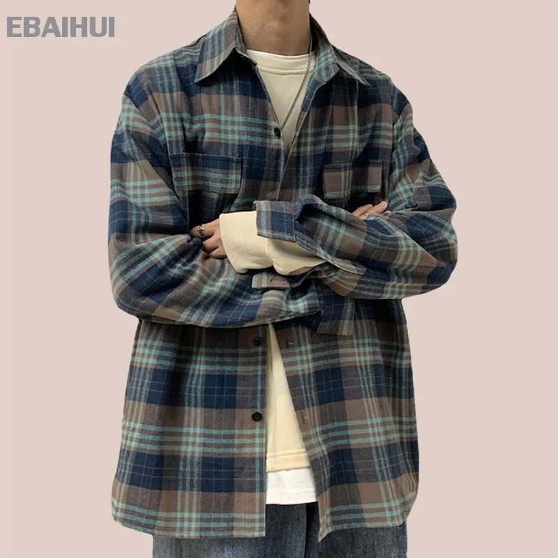 EBAIHUI Oversized Autumn Men's Retro Plaid Long-sleeved Shirt Office Male Classic Blue Work Jacket Programmer Commuter Top