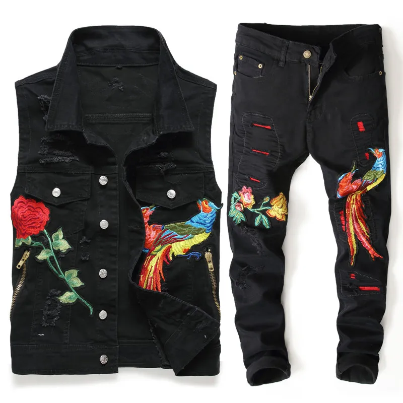 Nuovi uomini neri Imposta moda primavera ricamato Phoenix Flower Hole Distressed Suit Denim Gilet + Pantaloni Abbigliamento uomo 2 pezzi Set LJ201117