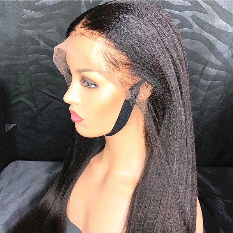 Ljus Yaki Straight 13x6 Lace Frontal Human Hair Wigs Brasilianska Italienska Yaki peruk 8-26 '' Remy Silk Top Human Hair Wigs med elastiska band