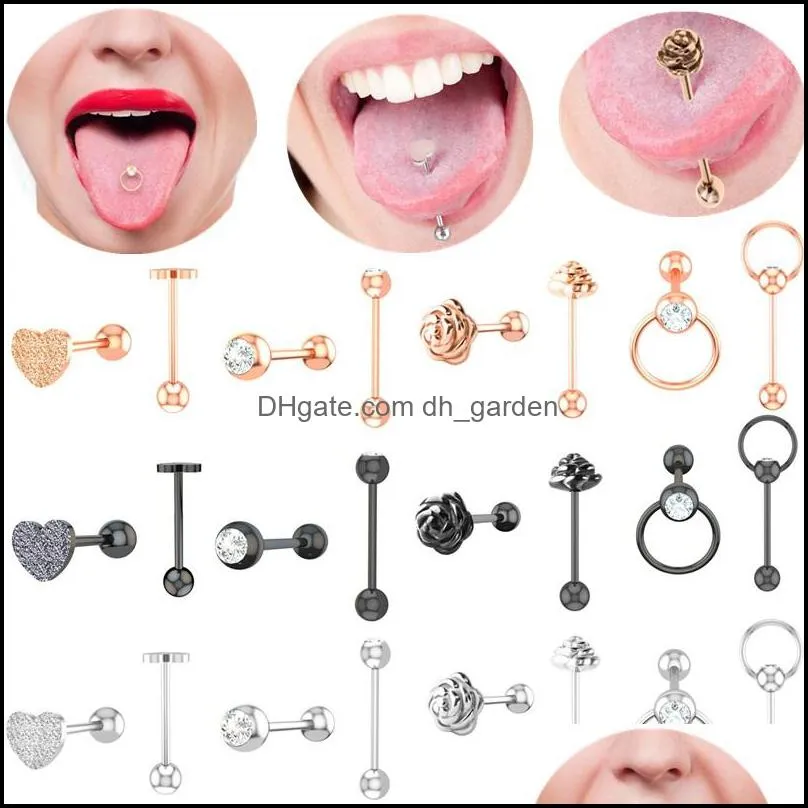1/2Piece Surgical steel heart tongue piercing ring 14G rose flower tongue piercing bar sexy nipple bar leaf tongue ring jewelry