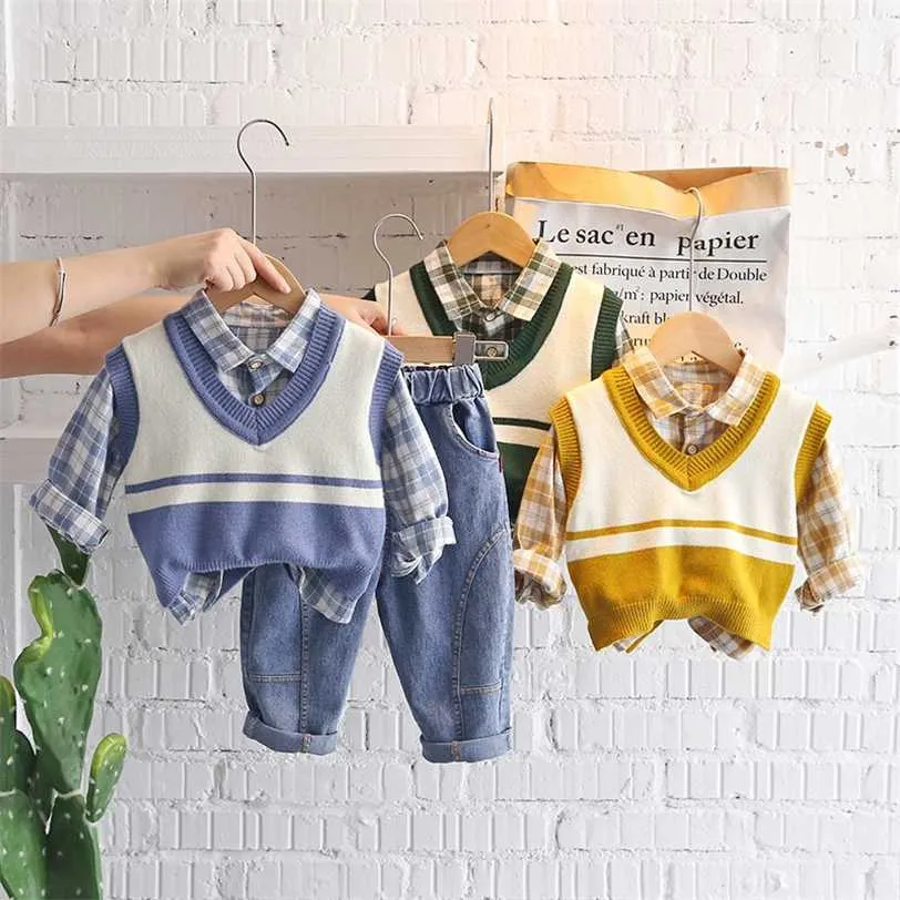 Meninas bebê roupas de algodão primavera outono crianças camisa camisola colete xadrez calças 3 pcs / set infantil outfit criança moda criança 211224