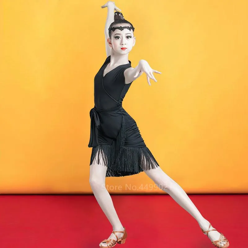 2020 Enfants Bébé Filles Robe De Danse Latine Concours De Danse De Salon Robes Bandage Gland Sans Manches Col En V Fantaisie Salsa Costume292b