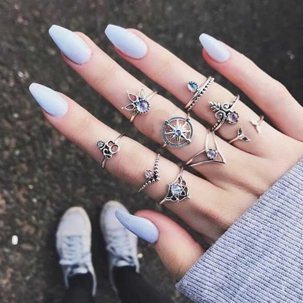 Vintage Punk Knuckle Rings Boho Midi Ring Set 9 Pcs/set Mermaid Tail Compass Yoga Hollow Carved Wedding Ring Set