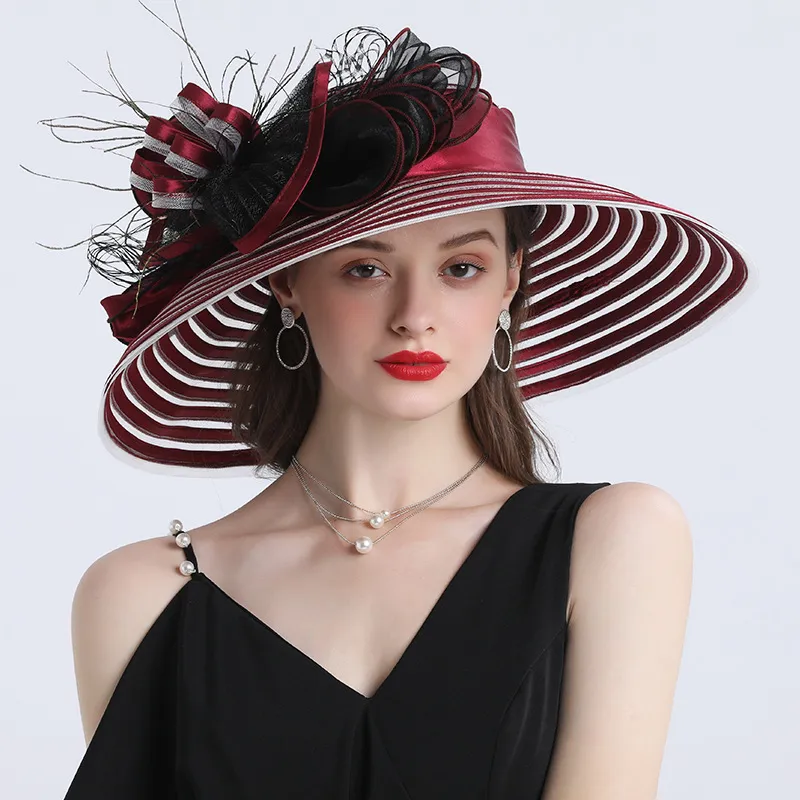 Wide Brim Summer Church Hat Elegant Feather Flower... From  display picture 2
