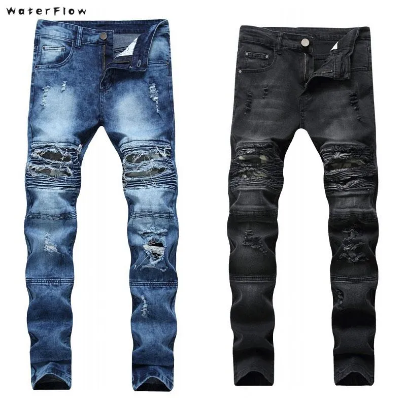 2020 Nya magra rippade motorcykelcyklist Jeans Mens plus storlek 28-42 Black Camouflage Patches Jeans For Men High Stretch