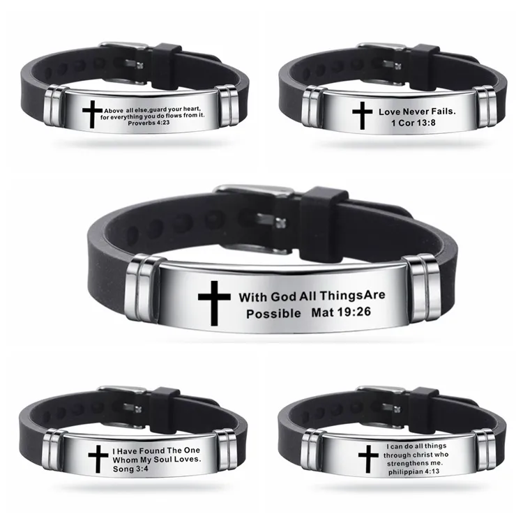 Trendy Kruis Jezus Schrift Citaat Armband Christelijke Bijbelvers Inspirerend Geloof Roestvrij Stalen Armbanden Siliconen Polsband