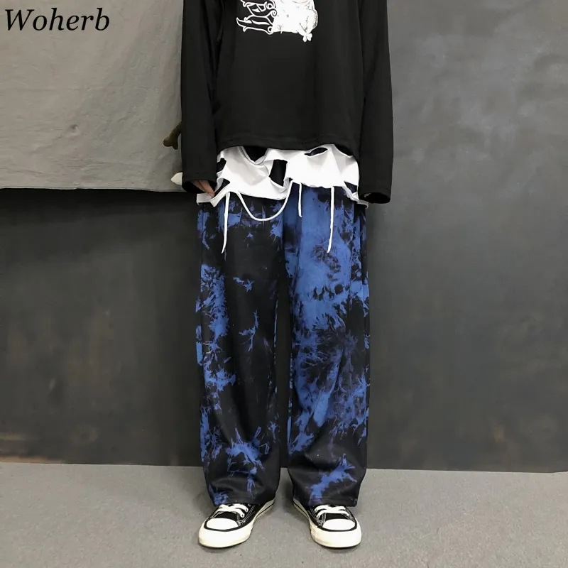 Woherb Tie Dye Print Cargo Loose Jogger Wide Leg Pant HaraJuku Streetwear Koreansk Punk Byxor Kvinna och Man Hip Hop Track 201031