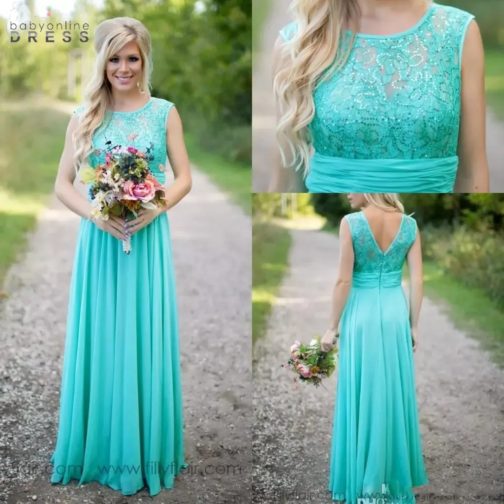 Summer Country Turquoise mięty Druhna Dresses Illusion Neck Lace Zroszony Top Szyfonowa Długie Plus Size Maid of Honor Wedding Party Dress