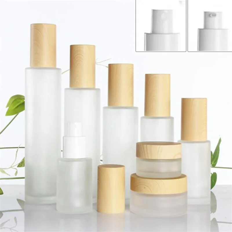 30ml 40ml 60ml 80ml 100ml 120ml Frosted Glass Cream Jar with Plastic Imitated Wood Lid Makeup Lotion Pot Spray Pump Bottle