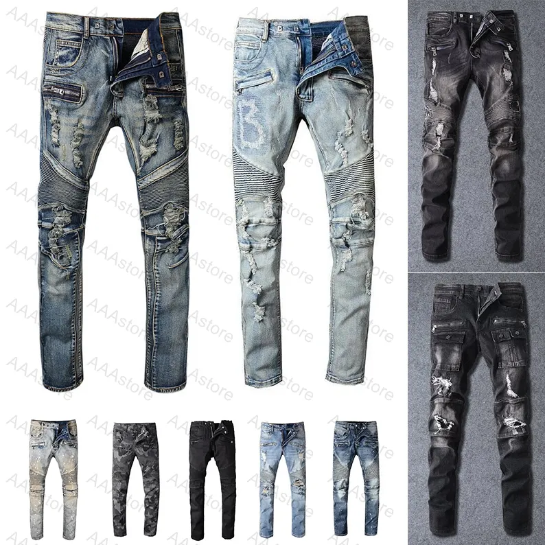 Heren designer jeans Distressed Ripped Biker Slim Fit Motorcycle Bikers Denim voor heren S Fashion Mans zwarte broek Pour Hommes