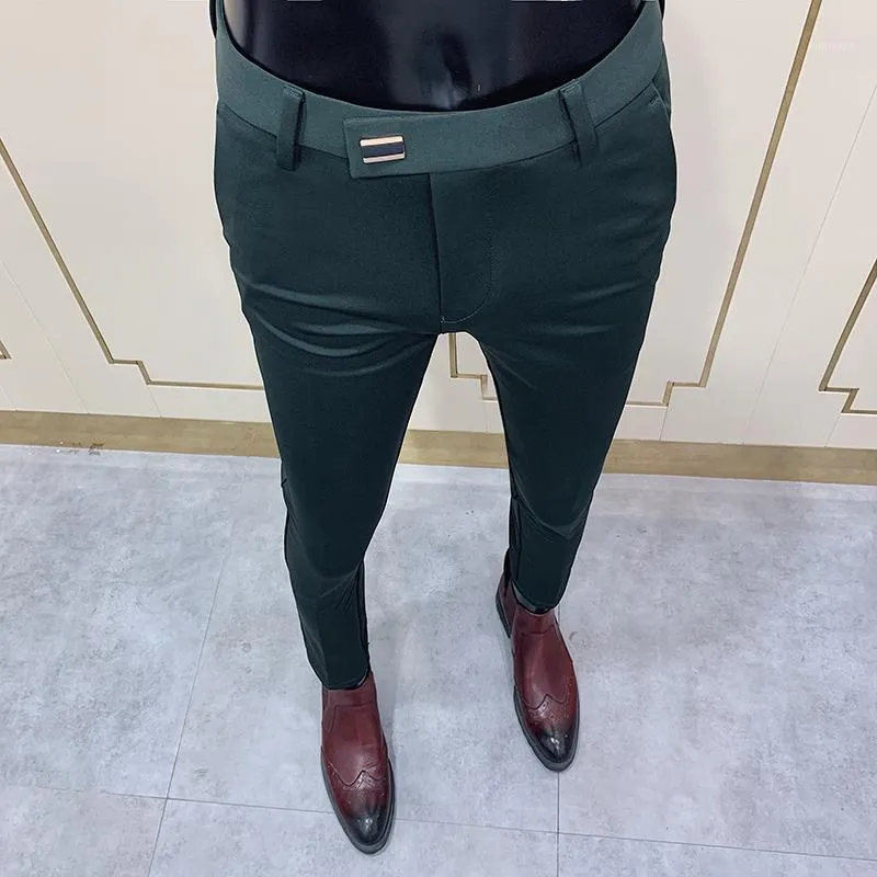 2020 yeni erkek sosyal pantolon moda ince düğme takım elbise pantolon erkekler yeşil pantolon sokak giyim erkek iş ince elbise düz takım elbise Pant1