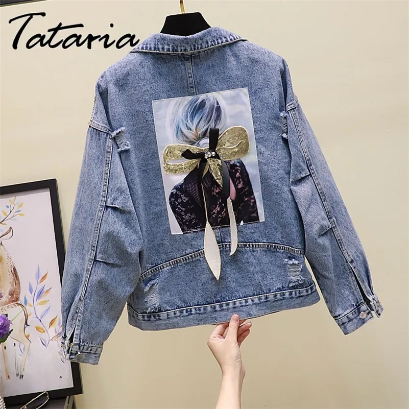 Mujeres bordado flores chaqueta de mezclilla cuello vuelto chaqueta de jean para mujeres sueltas ocasionales agujeros rasgados jean abrigo femenino outwear 201112