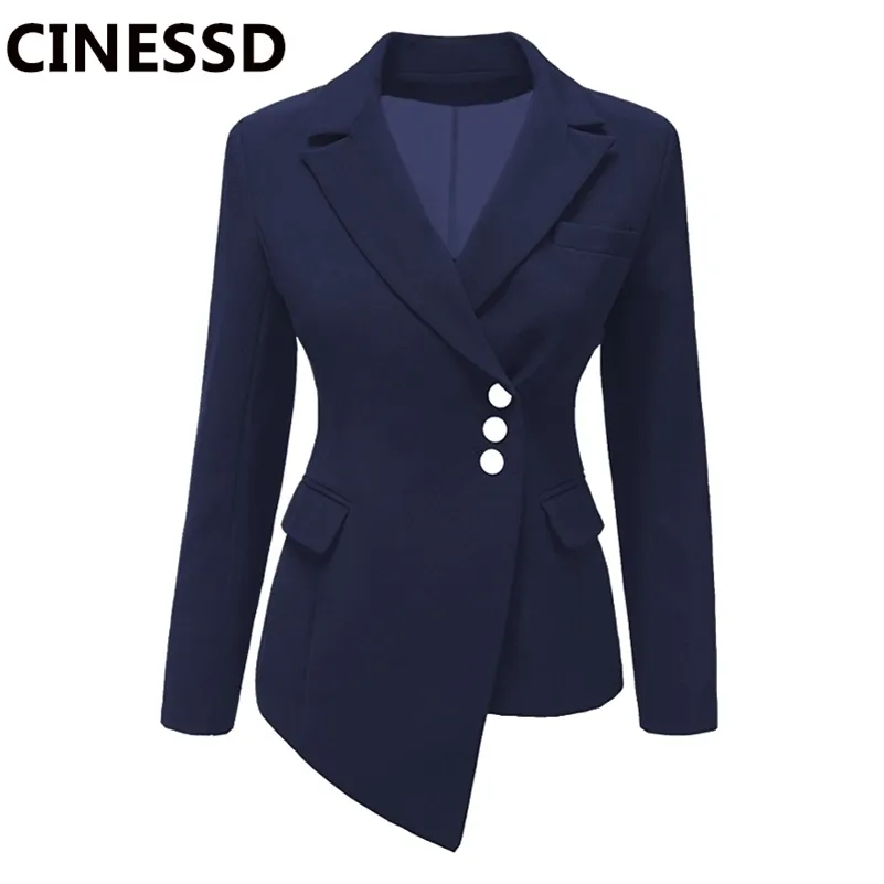 CINESSD Femmes Revers Blazers Manteau Solide À Manches Longues Simple Boutonnage Bureau Lady Poche Coton Asymétrie Costume Occasionnel Veste Blazer 201114