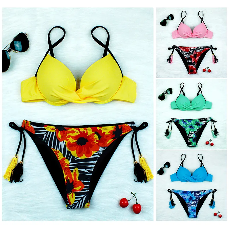 2020 nya bikinis kvinnor baddräkt låg midja baddräkt godis färg tofsels lace-up swimwear push up bikini set sommar strand bär biquini