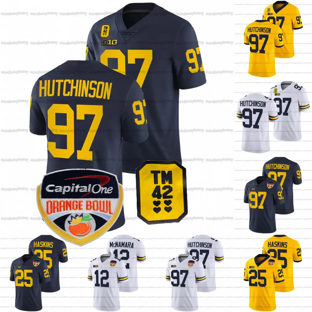 Мужчины Custom Michigan Woerines Jersey TM 42 Orange Bowl Patch NCAA Колледж Футбол Эйдан Хатчинсон Дэкстон Хилл Тейт Майре Кейд Макнамара