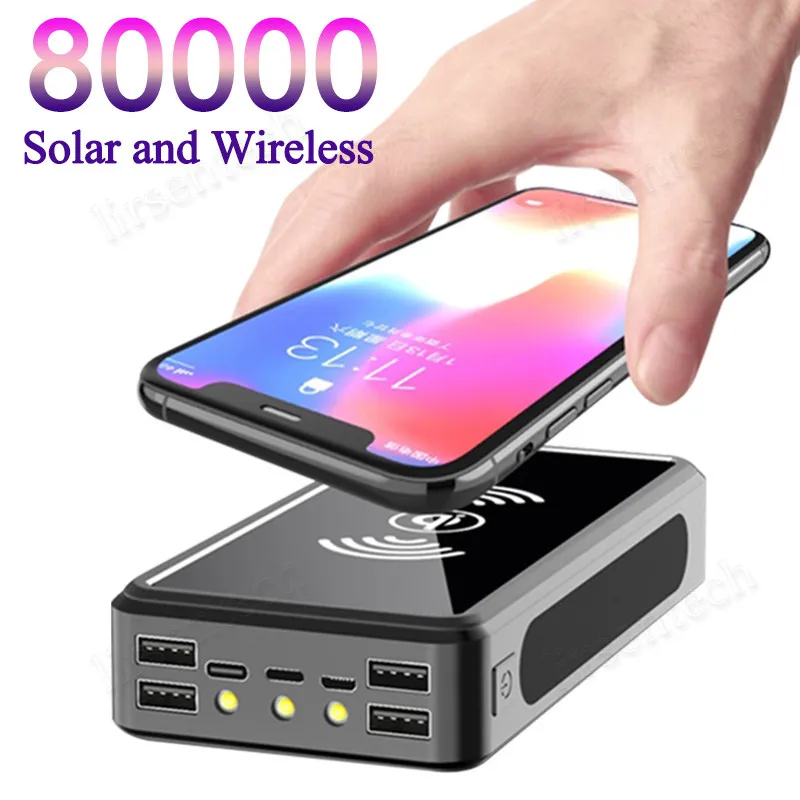 80000mAh Wireless Solar Power Bank Teléfono portátil de carga rápida Cargador externo PowerBank Iluminación LED 4 USB para Xiaomi iPhone