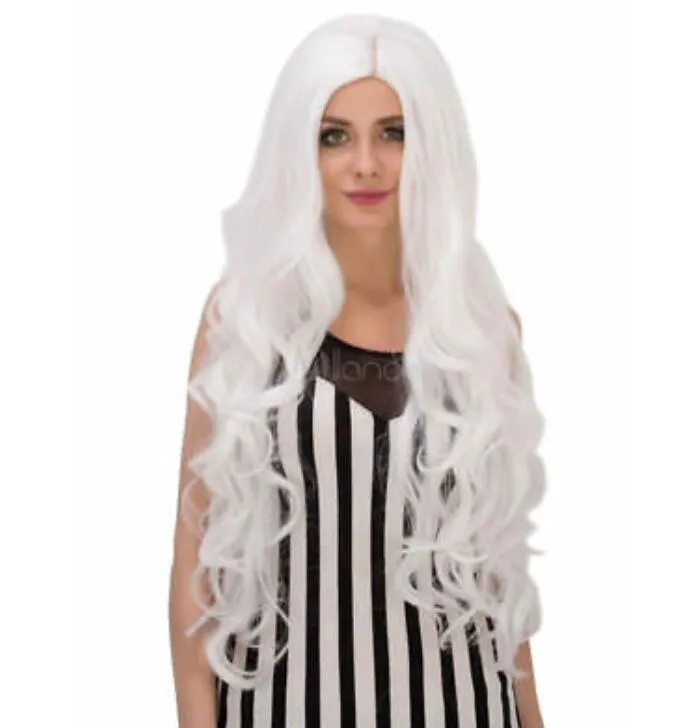 Karneval hår peruker vit sida avsked vågiga långa syntetiska peruker