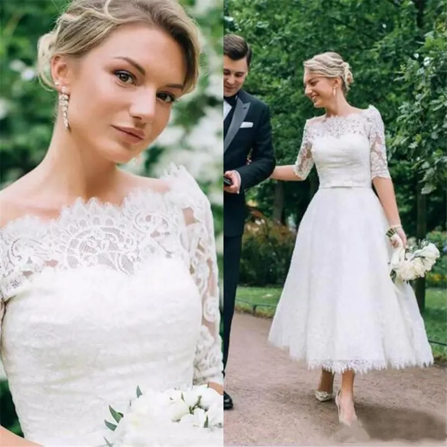 Classic Keyhole Neck Elegant Lace A-line Tea Length Wedding Dress main image 1