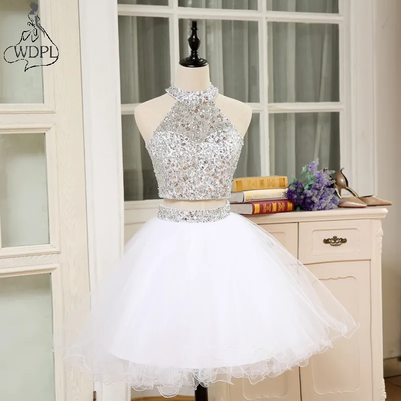 Brillante 2 piezas vestidos de baile 2018 cuello alto con cuentas de cristal hinchado vestido corto de regreso a casa para graduaci n Vestido De Festa