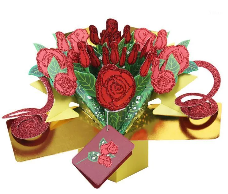 3D Rose Greeting Card 3D Pop Up Glitter Rose Message Card for Valentine's Day Creative Gift1