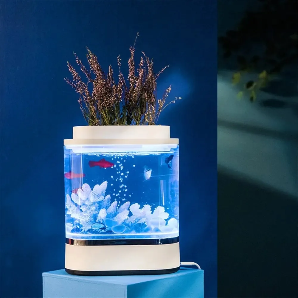 Xiaomi Geometry Mini Lazy Fish Tank USB Charging Self-cleaning Aquarium with 7 Colors LED Light Home office Aquarium (8)