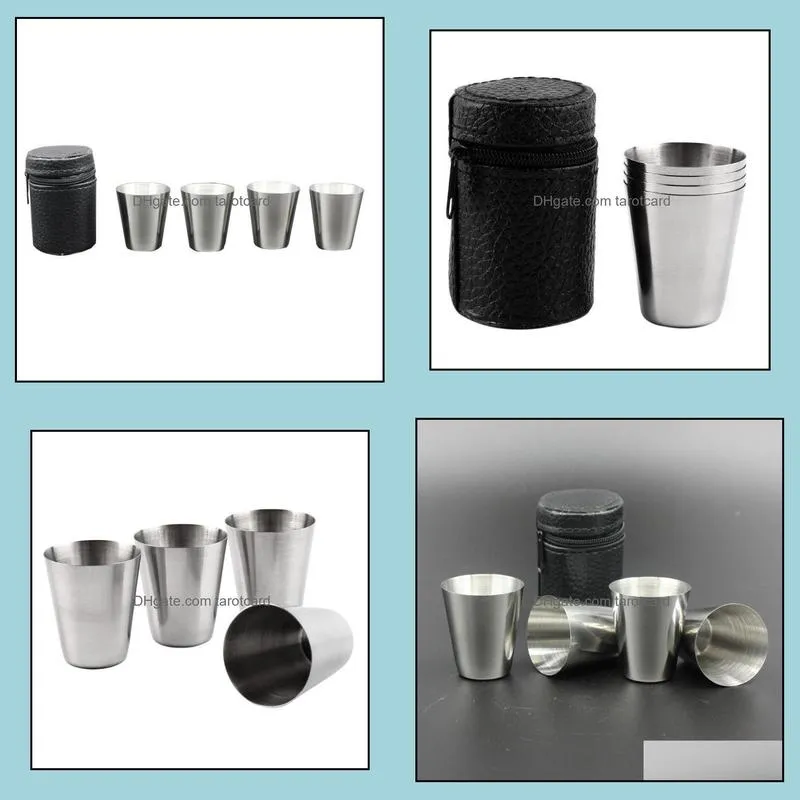 100set 4pcs/set Stainless Steel Camping Cup Mug Outdoor Camping Hiking Folding Portable Tea Coffee Beer Cup With Black Bag