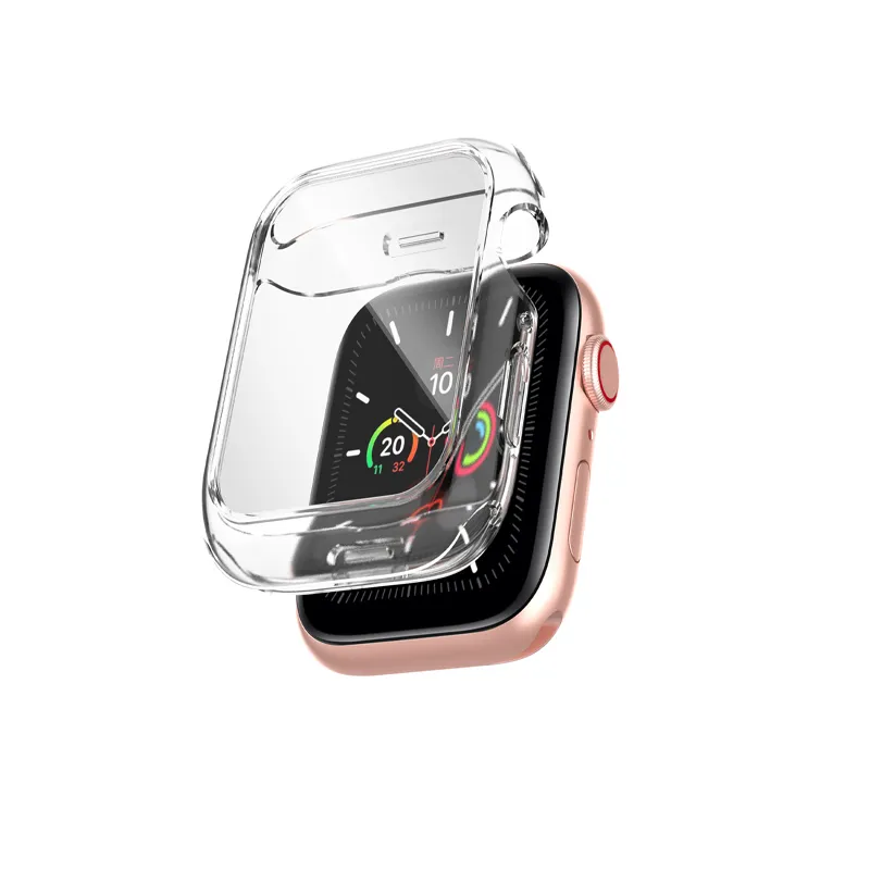 Komplett klares Gehäuse aus gehärtetem Glas, weiches TPU, vollständige Abdeckung für Apple Watch 4, 5, 6 SE, Zubehör, Schutzschalen, 40 mm, 44 mm