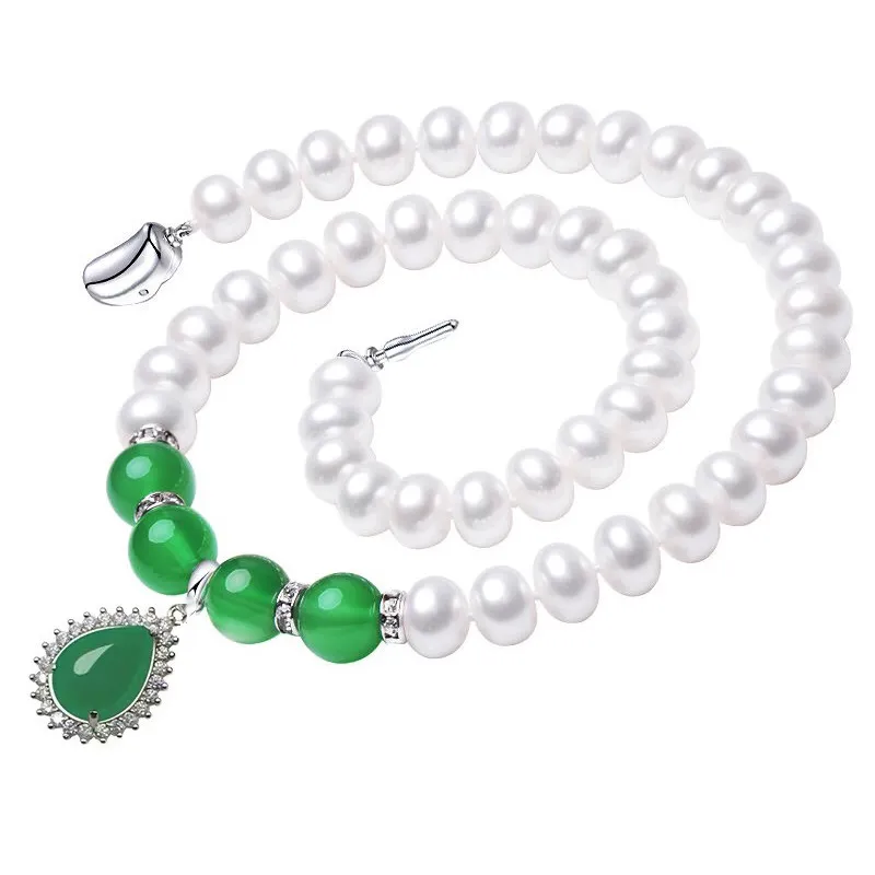 2020 Fashion Necklace Pearl Pendant Necklace Natural Freshwater Pearl 925 Sterling Silver Jewelry Green For Mother Women Gift Q0531