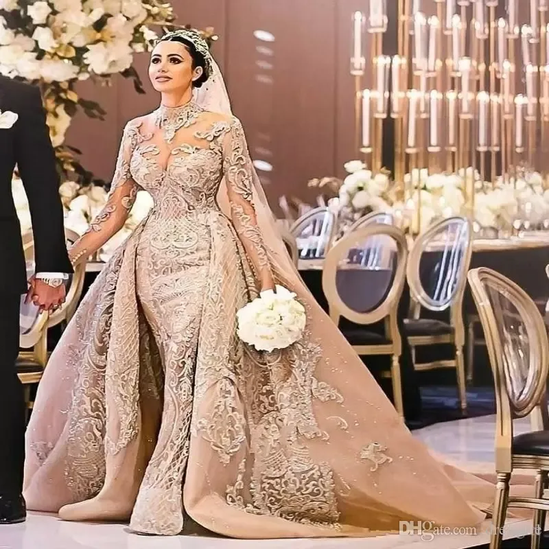 Arabski Dubaj Gorgeous High Neck Długim rękawem Sukienka ślubna 2020 Mermaid Lace Aplikacje Odpinany pociąg Suknie ślubne Vestido de Noiva WHT0228