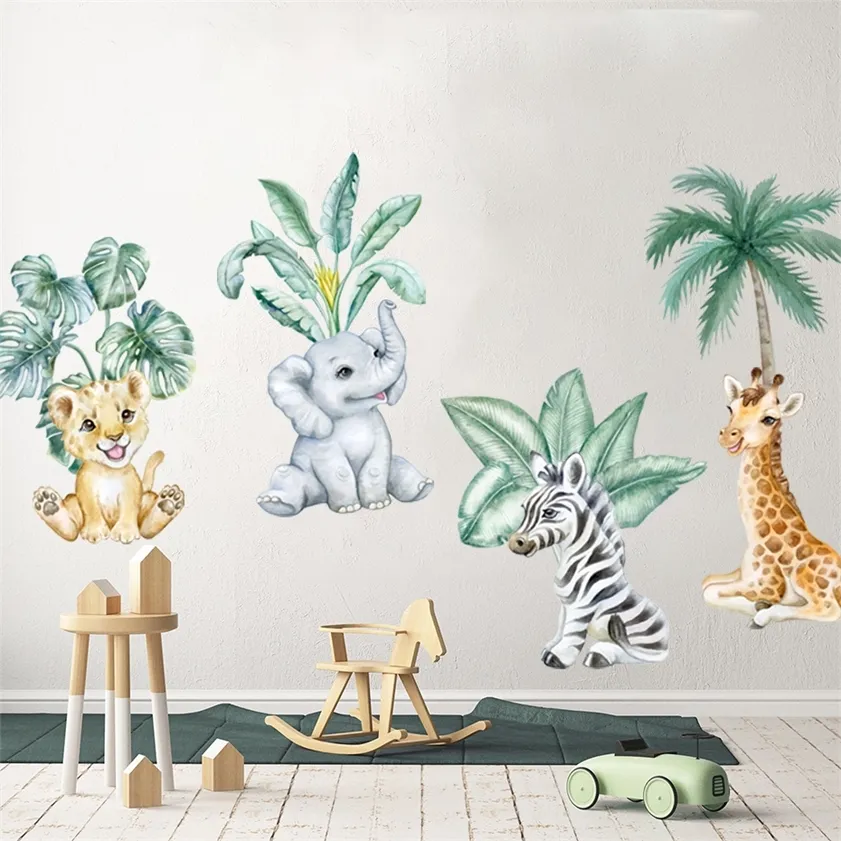 Cartoon African Animals Lion Tropical Leaves Akvarell Nursery Wall Sticker Peel och Stick Decals Kids Room Home Decor 220217